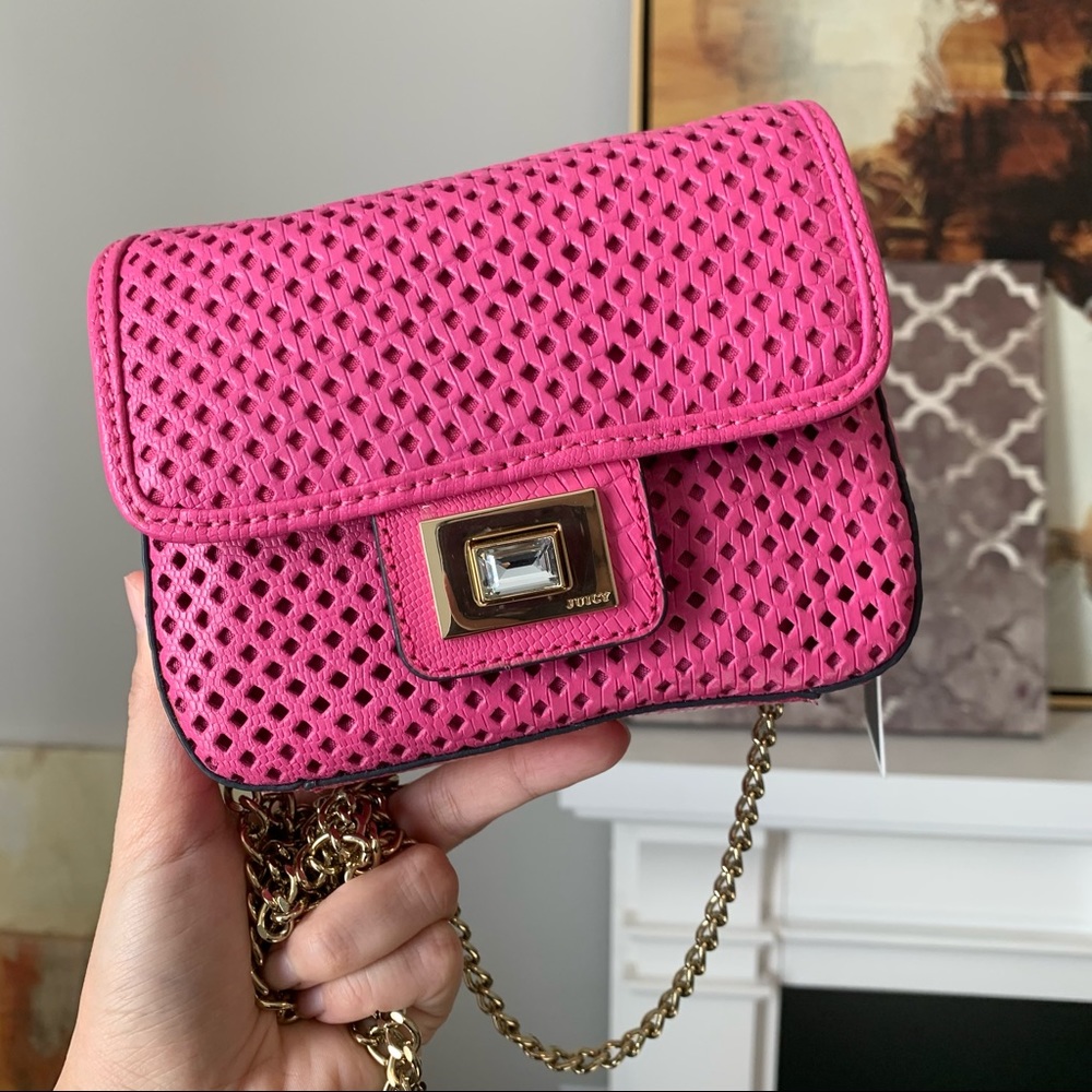 NWT Juicy Couture Hot Pink Leather/ Gold Logo/ Chain Strap Small Crossbody Bag
